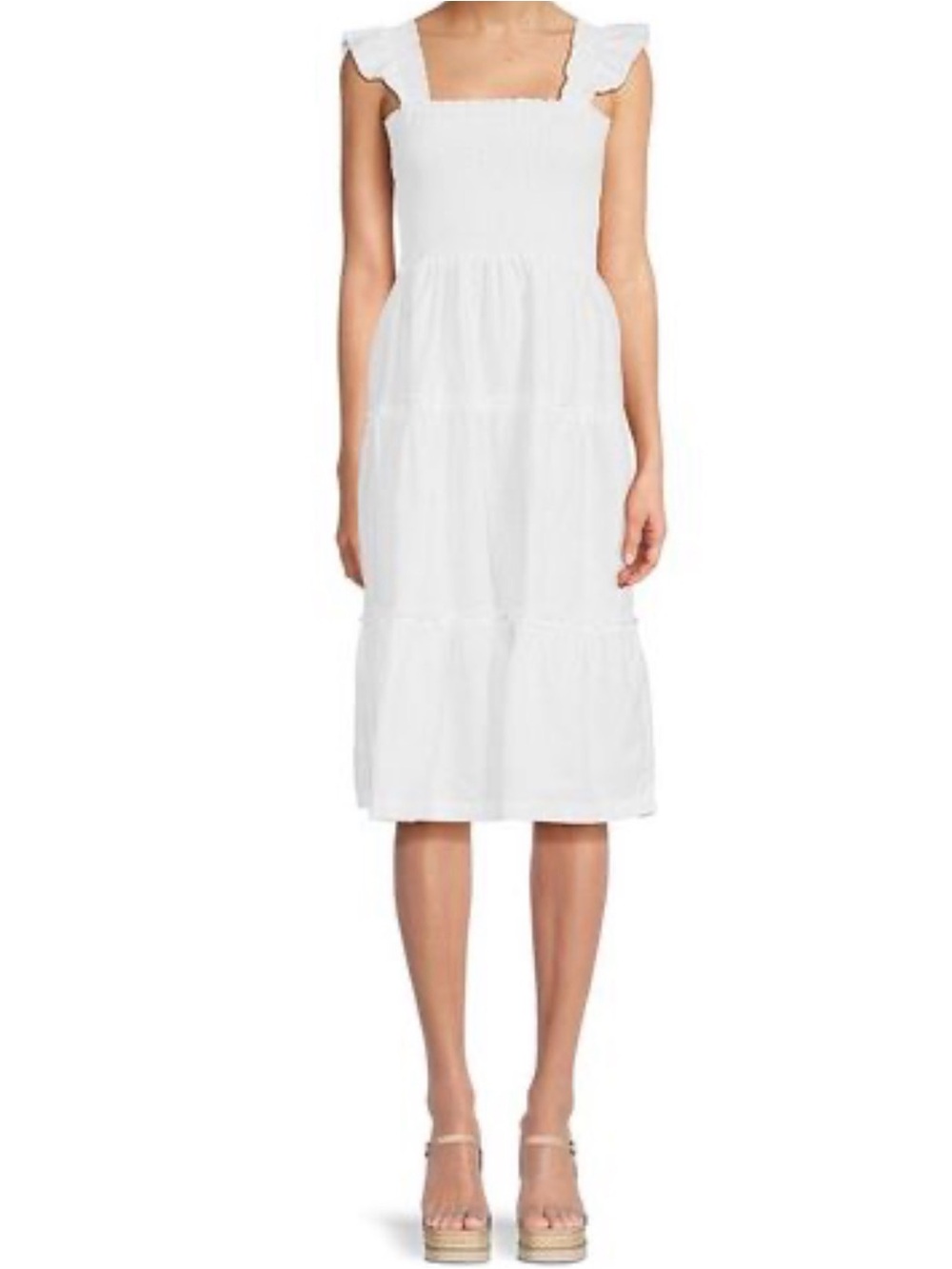 Saks Fifth Avenue White Smocked Linen Midi Dress with Ruffle Straps ($60)